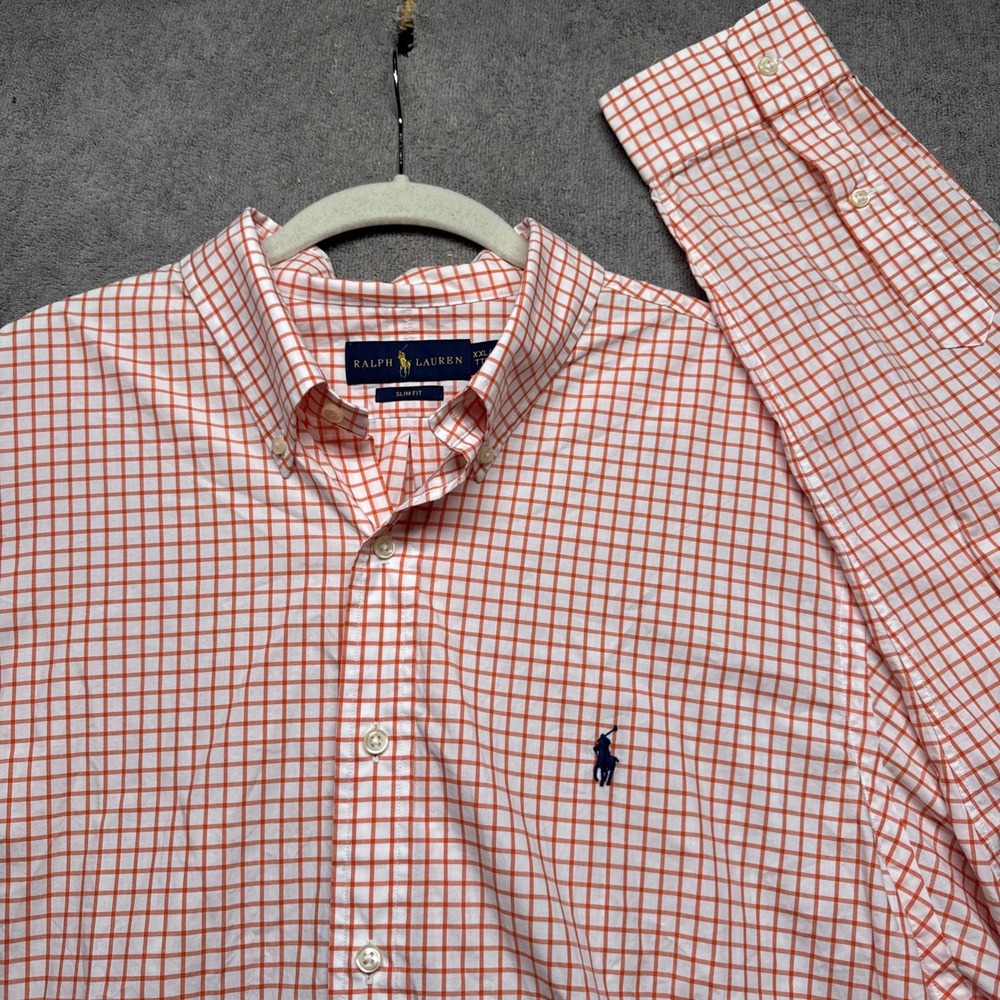 Polo Ralph Lauren Men's Orange White Check Shirt XXL Slim Fit Long Sleeve